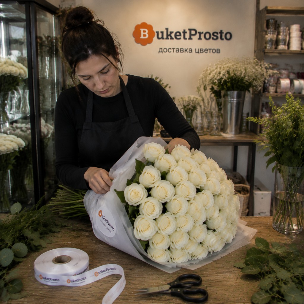 Флорист собирает букет белых роз в «Букет Просто»